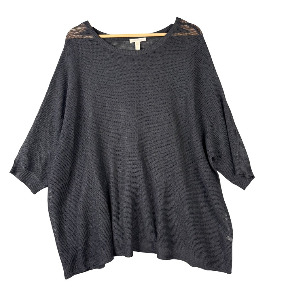 Eileen Fisher Black 100% Organic Linen Mesh Knit Boxy Short Sleeve Top Large